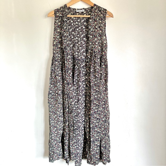 VINTAGE MIDI PLEATED BUTTONED DRESS FLORAL SLEEVELESS NEUTRAL XS S - Picture 2 of 11